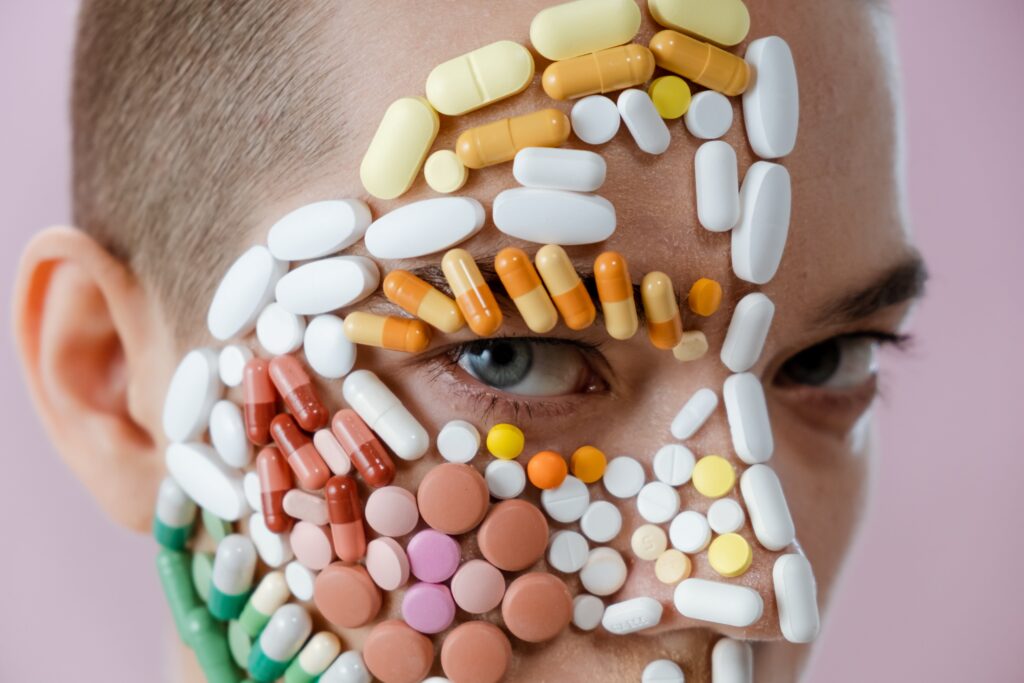 human face coverd with medicines